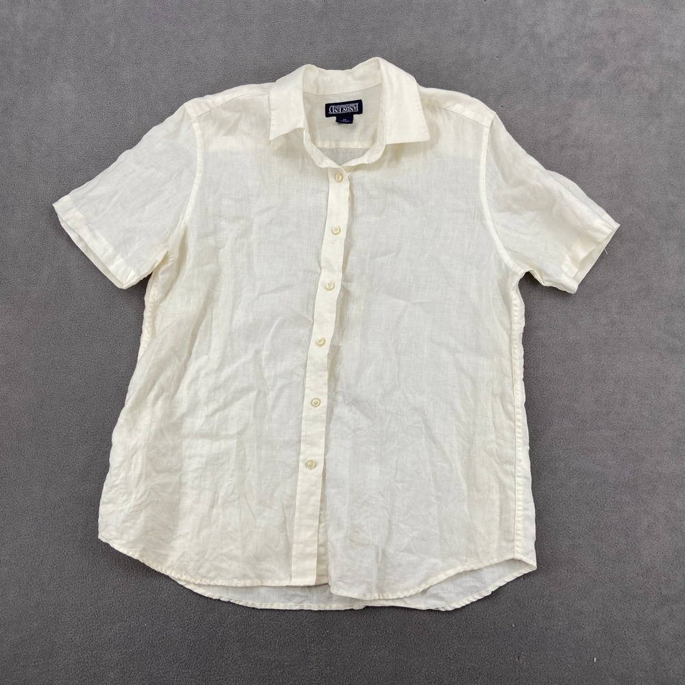 Lands' End Shirt Womens 14 Beige Collared Button Up Curved Hem Linen